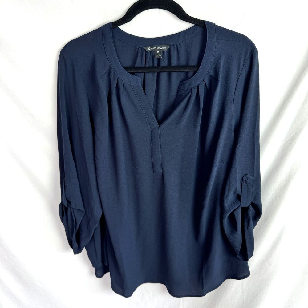 41 Hawthorn Women's Blouse Top Size 2X Navy Blue Long Roll Tab Sleeves